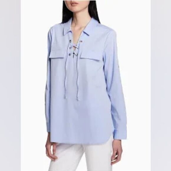 Calvin Klein Light Blue Longsleeve Top with Lace-up Front, Size 2X - Picture 1 of 10